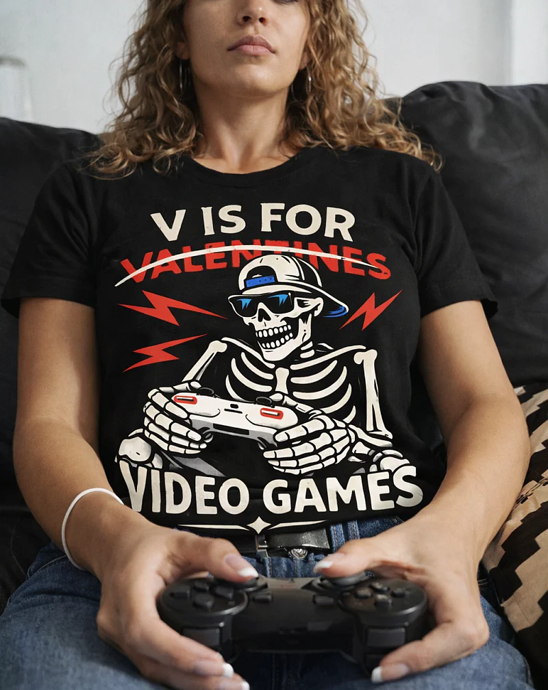 Woman wearing a funny gaming tshirt with skeleton gamer and video game controller design