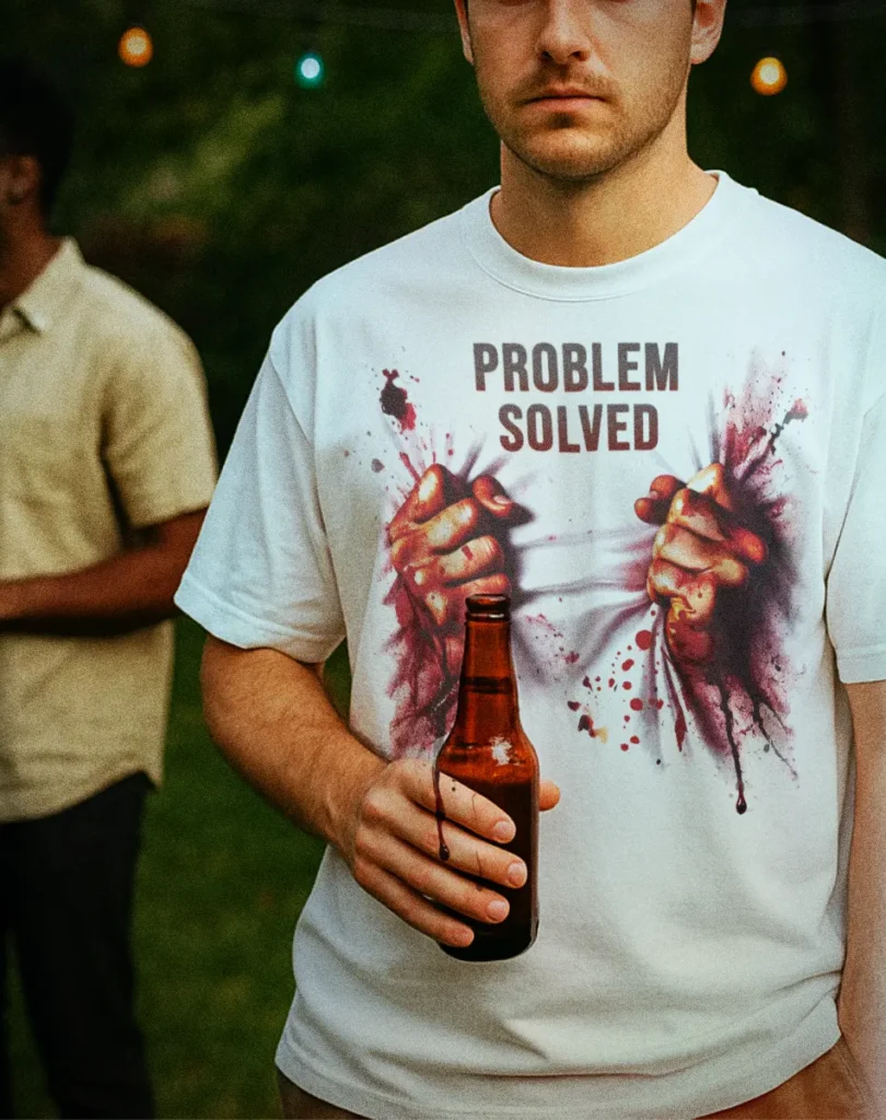 White bloody shirt with problem solved text and bloody handprint design
