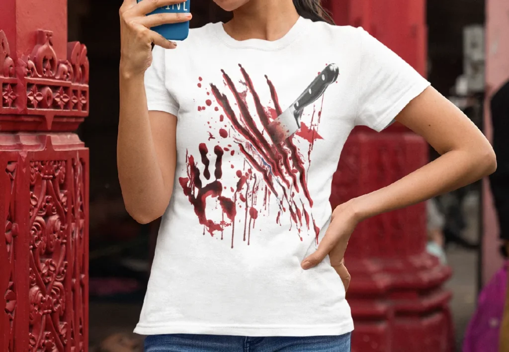 White bloody knife shirt with blood splatter horror graphic