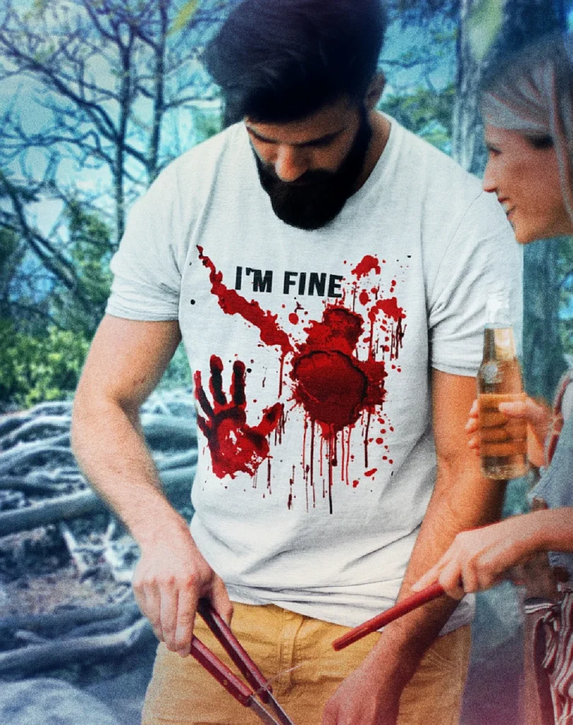 White bloody t shirt with I am fine slogan and blood stained design