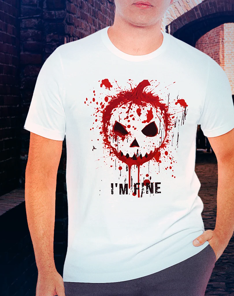 White I am fine bloody t shirt with pumpkin Halloween design