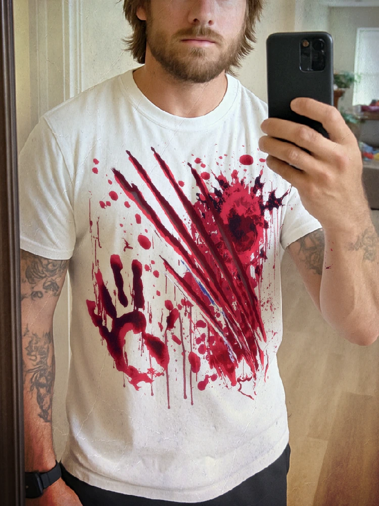 White blood splatter t shirt with bloody horror graphic