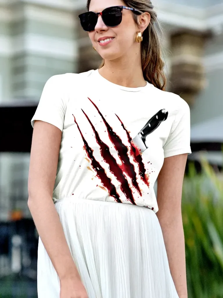 White bloody t shirt with knife cut and blood splatter horror design