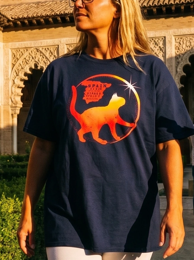 Funny cat Solar Eclipse Spain 2026 shirt design by DOPESNAG