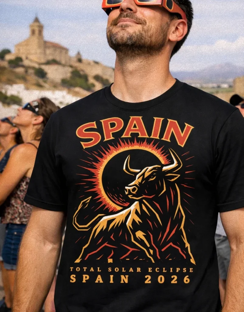 Solar Eclipse Spain 2026 bull shirt design with totality theme by DOPESNAG